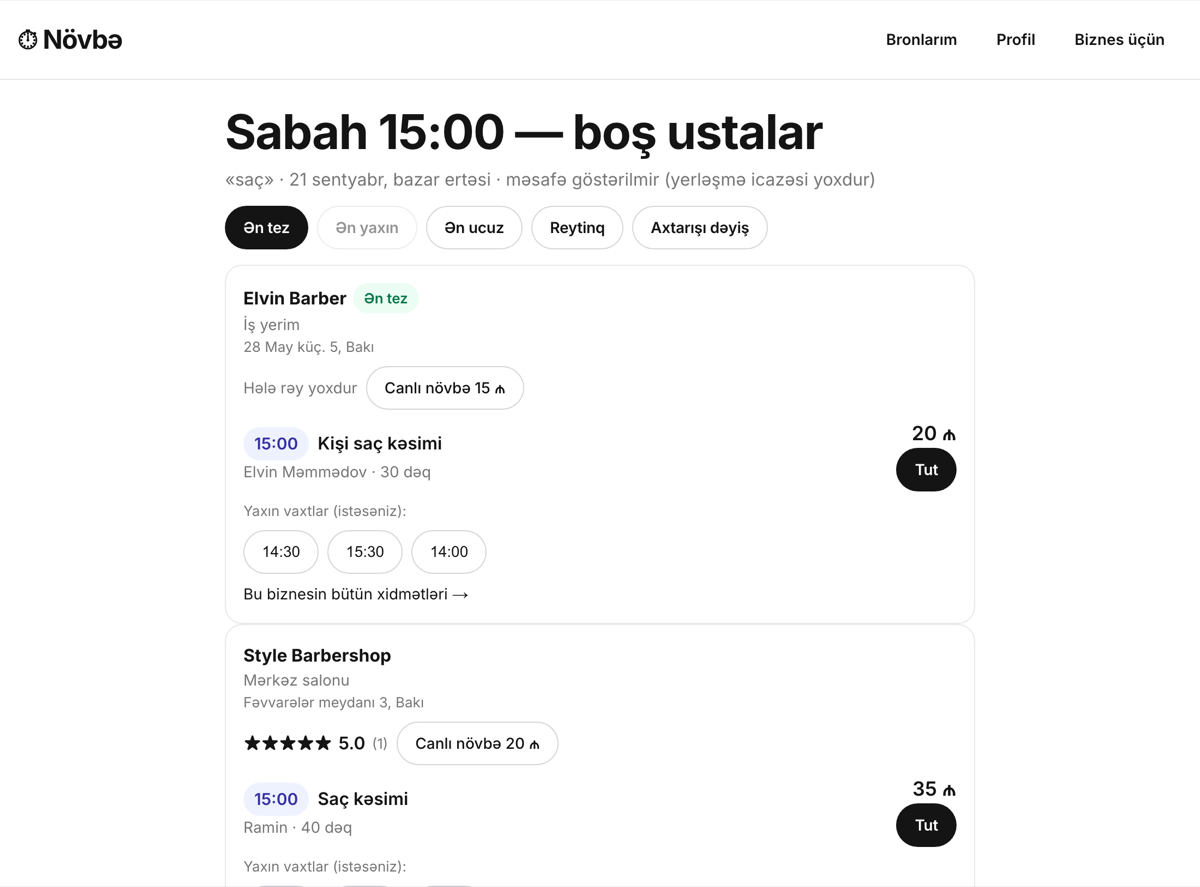 Vaxta görə axtarış nəticələri: seçilmiş saatda boş olan ustalar