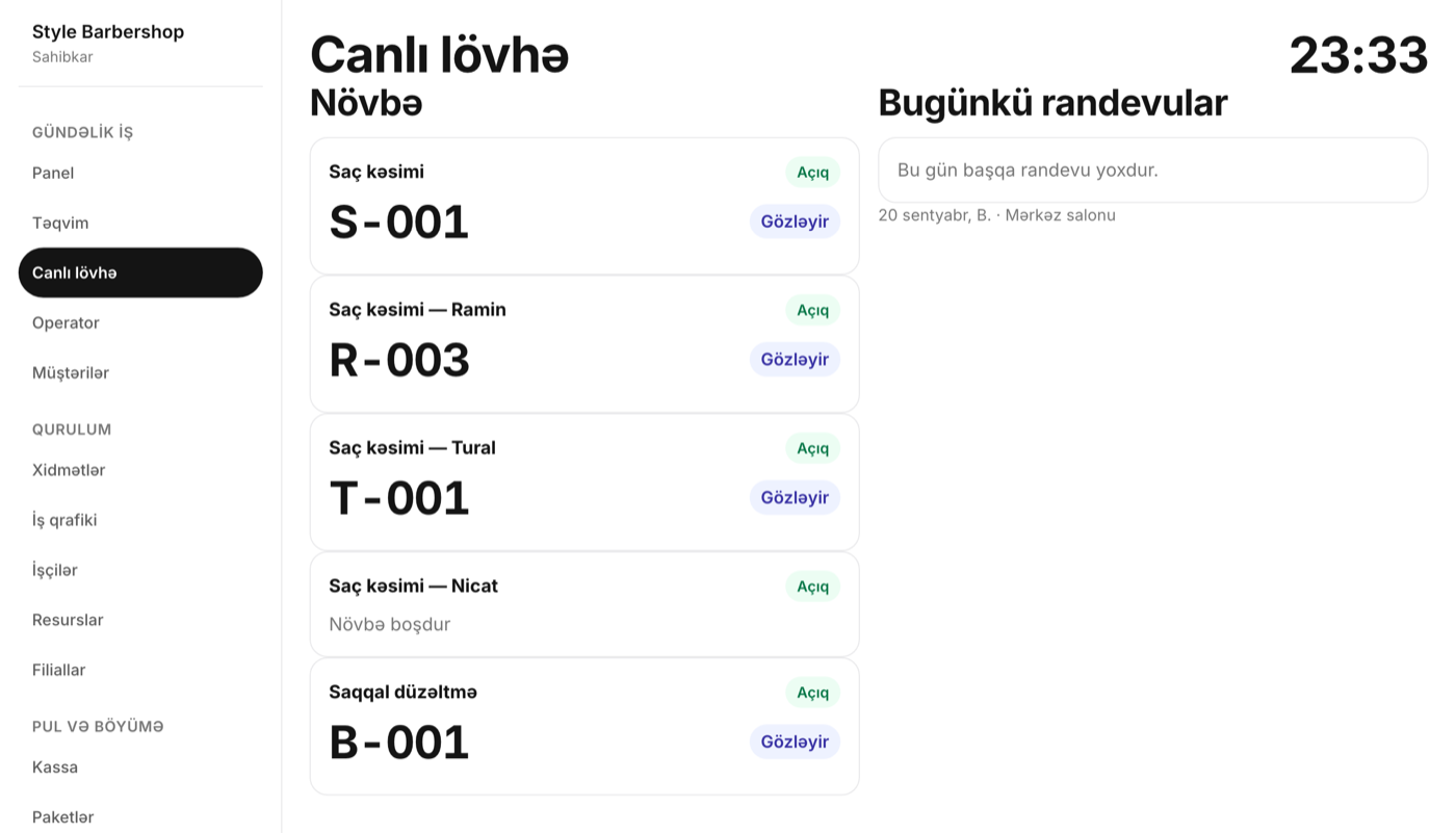 Canlı lövhə: növbə biletləri və bugünkü randevular