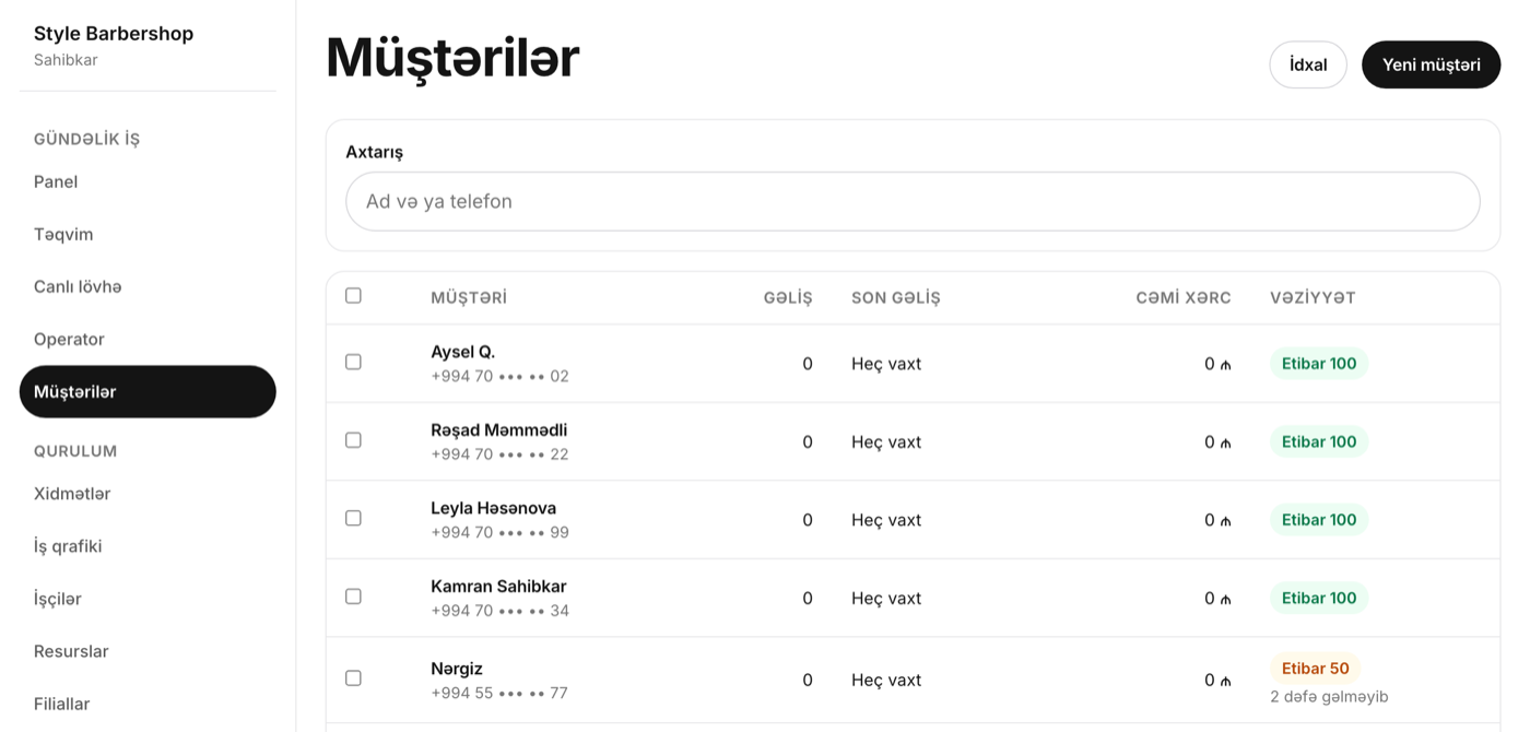 Müştərilər siyahısı: gəliş, son gəliş, xərc və etibar reytinqi